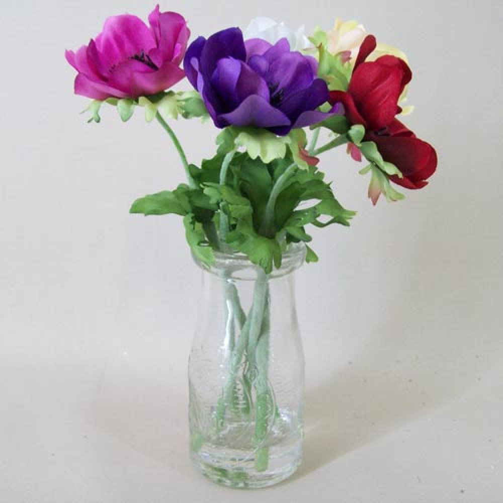 Artificial Flower Arrangements Silk Anemones in Glass Milk Bottle Vase